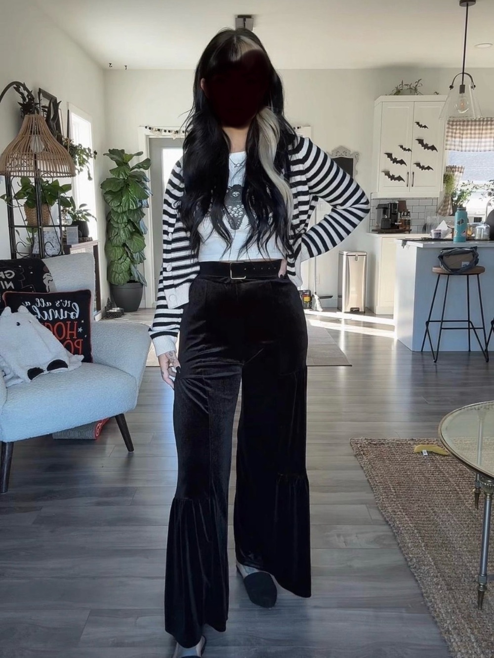 Black Velvet Wide-Leg Ruffle Hem Pants